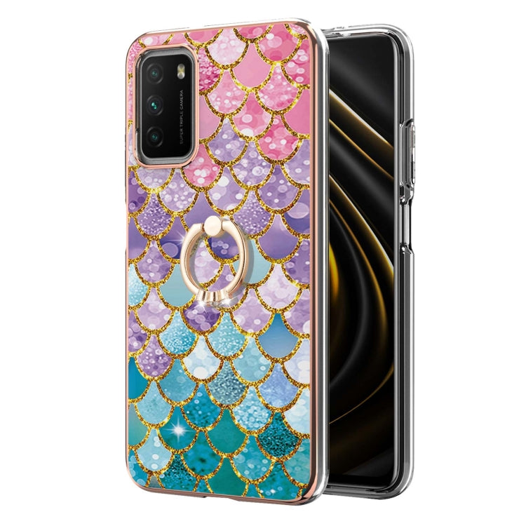 For Xiaomi Poco M3/Redmi Note 9 4G/Redmi 9 Power/Redmi 9T Electroplating Pattern IMD TPU Shockproof Case with Rhinestone Ring Holder