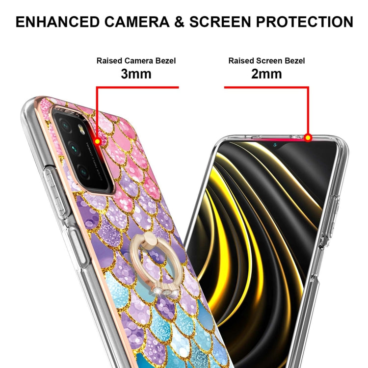 For Xiaomi Poco M3/Redmi Note 9 4G/Redmi 9 Power/Redmi 9T Electroplating Pattern IMD TPU Shockproof Case with Rhinestone Ring Holder