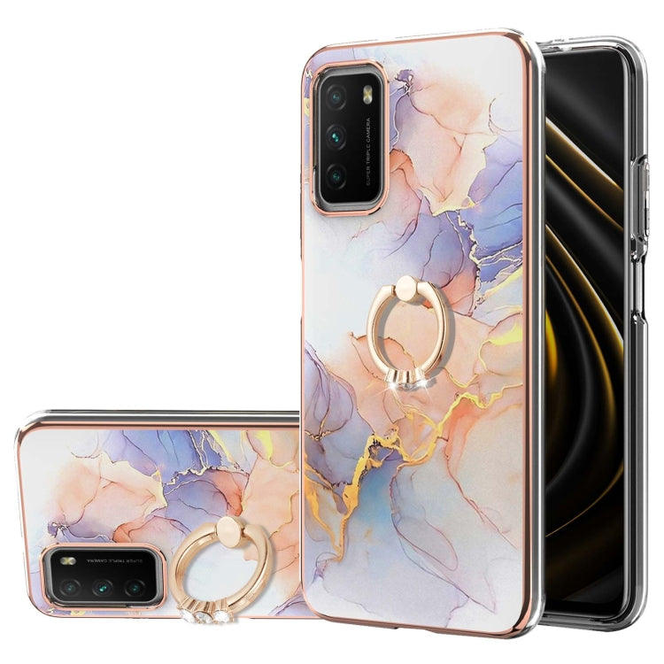 For Xiaomi Poco M3/Redmi Note 9 4G/Redmi 9 Power/Redmi 9T Electroplating Pattern IMD TPU Shockproof Case with Rhinestone Ring Holder