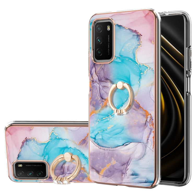 For Xiaomi Poco M3/Redmi Note 9 4G/Redmi 9 Power/Redmi 9T Electroplating Pattern IMD TPU Shockproof Case with Rhinestone Ring Holder
