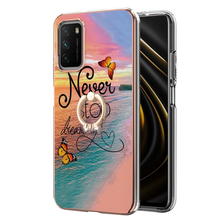 For Xiaomi Poco M3/Redmi Note 9 4G/Redmi 9 Power/Redmi 9T Electroplating Pattern IMD TPU Shockproof Case with Rhinestone Ring Holder