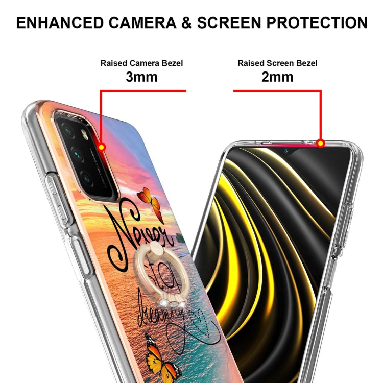 For Xiaomi Poco M3/Redmi Note 9 4G/Redmi 9 Power/Redmi 9T Electroplating Pattern IMD TPU Shockproof Case with Rhinestone Ring Holder