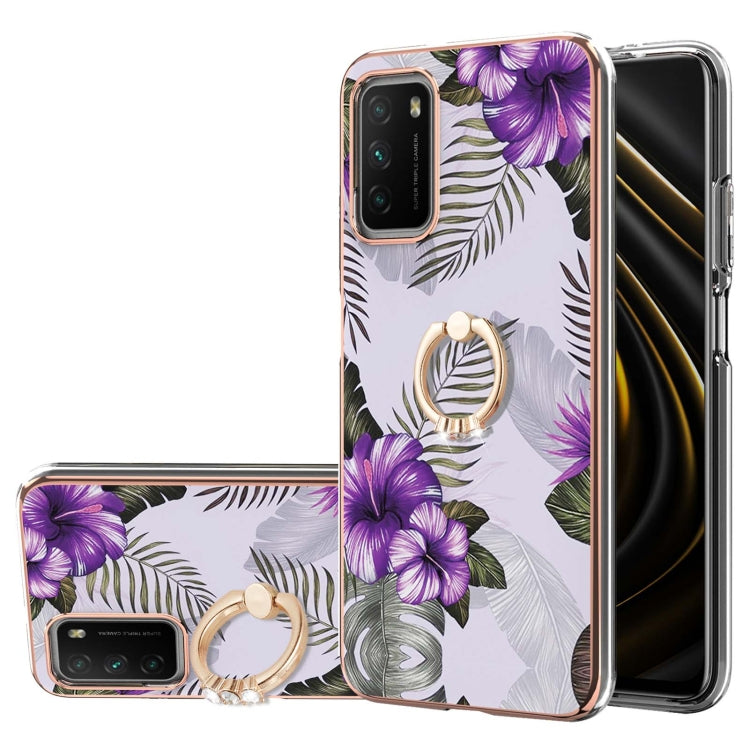 For Xiaomi Poco M3/Redmi Note 9 4G/Redmi 9 Power/Redmi 9T Electroplating Pattern IMD TPU Shockproof Case with Rhinestone Ring Holder