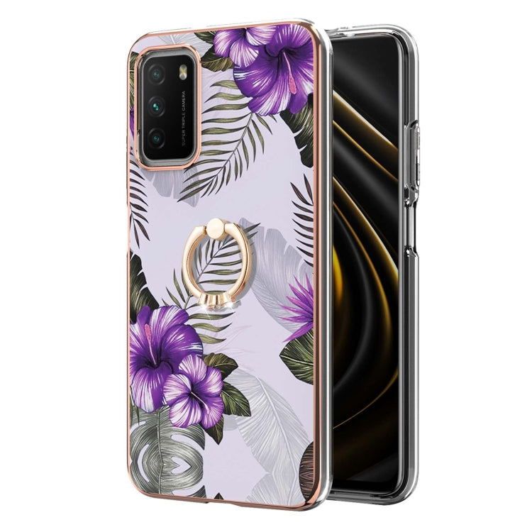 For Xiaomi Poco M3/Redmi Note 9 4G/Redmi 9 Power/Redmi 9T Electroplating Pattern IMD TPU Shockproof Case with Rhinestone Ring Holder