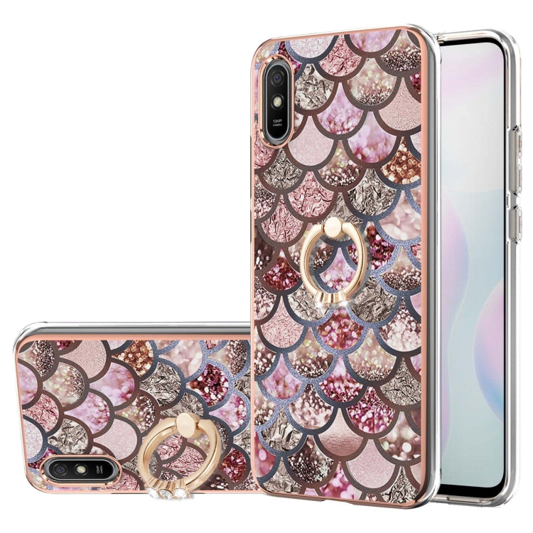 For Xiaomi Redmi 9A Electroplating Pattern IMD TPU Shockproof Case with Rhinestone Ring Holder