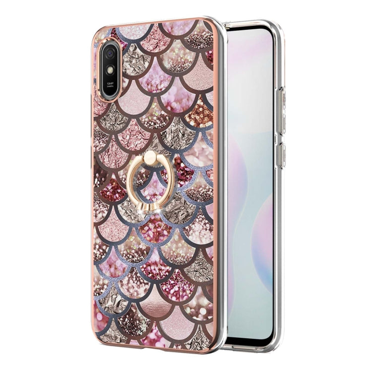 For Xiaomi Redmi 9A Electroplating Pattern IMD TPU Shockproof Case with Rhinestone Ring Holder
