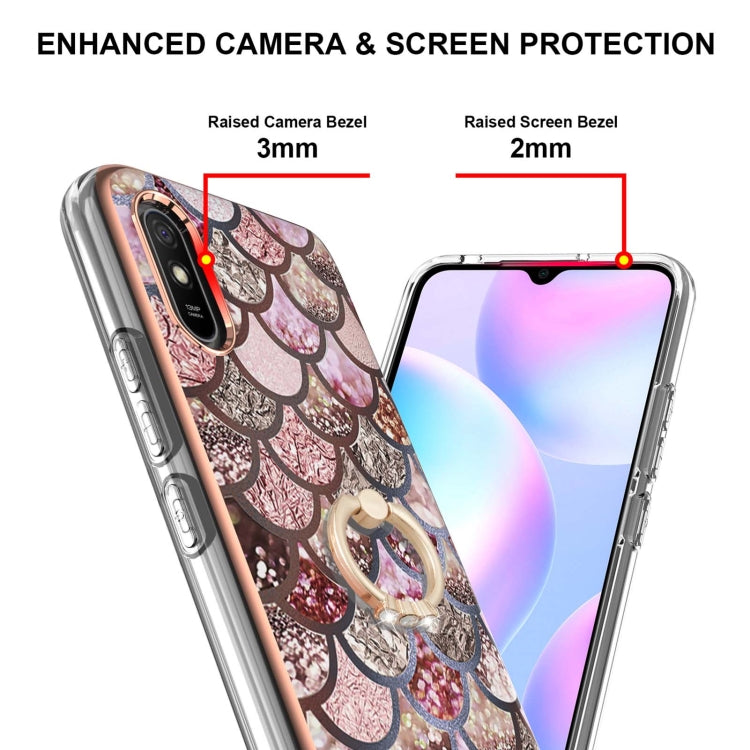 For Xiaomi Redmi 9A Electroplating Pattern IMD TPU Shockproof Case with Rhinestone Ring Holder