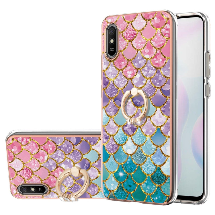 For Xiaomi Redmi 9A Electroplating Pattern IMD TPU Shockproof Case with Rhinestone Ring Holder
