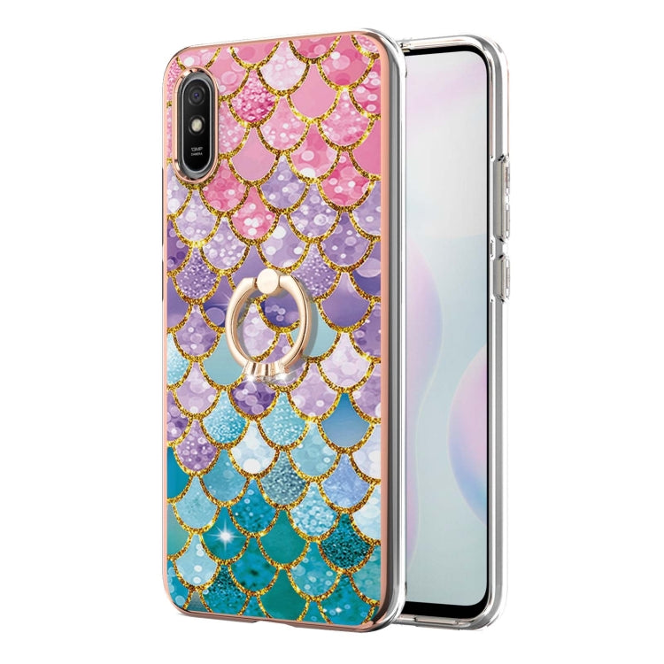 For Xiaomi Redmi 9A Electroplating Pattern IMD TPU Shockproof Case with Rhinestone Ring Holder