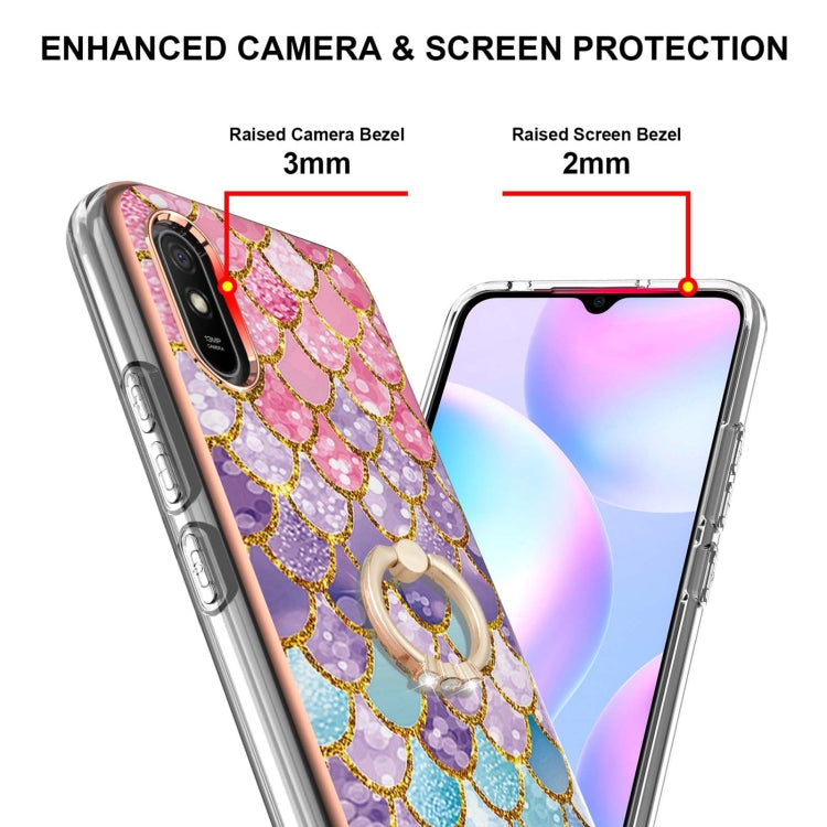 For Xiaomi Redmi 9A Electroplating Pattern IMD TPU Shockproof Case with Rhinestone Ring Holder