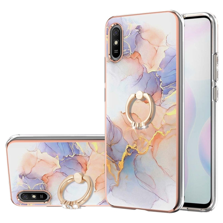 For Xiaomi Redmi 9A Electroplating Pattern IMD TPU Shockproof Case with Rhinestone Ring Holder