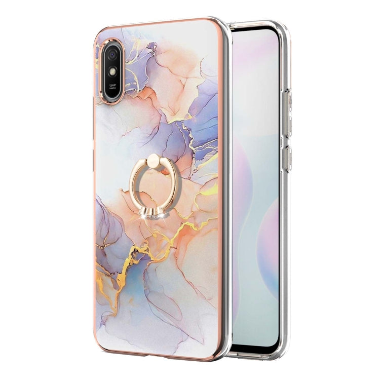 For Xiaomi Redmi 9A Electroplating Pattern IMD TPU Shockproof Case with Rhinestone Ring Holder