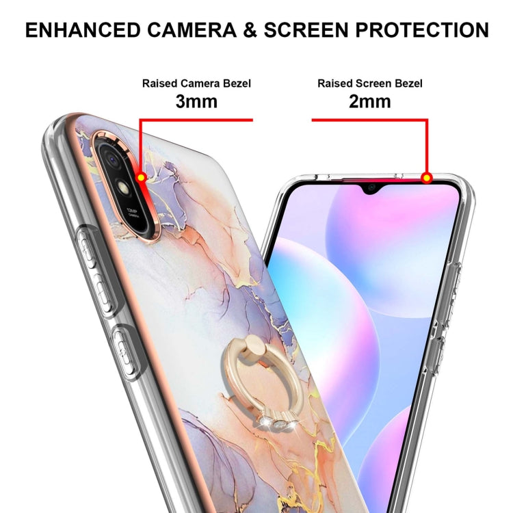 For Xiaomi Redmi 9A Electroplating Pattern IMD TPU Shockproof Case with Rhinestone Ring Holder