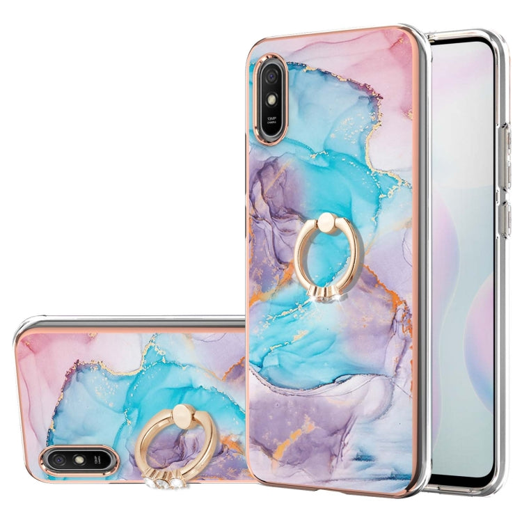 For Xiaomi Redmi 9A Electroplating Pattern IMD TPU Shockproof Case with Rhinestone Ring Holder