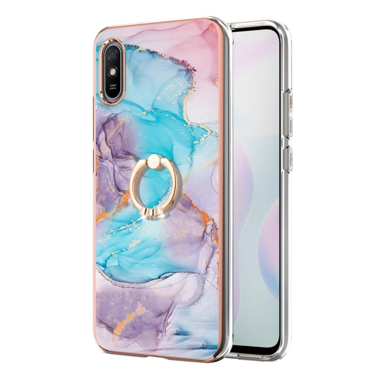 For Xiaomi Redmi 9A Electroplating Pattern IMD TPU Shockproof Case with Rhinestone Ring Holder