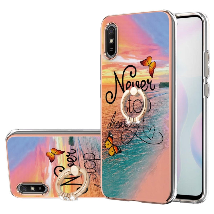 For Xiaomi Redmi 9A Electroplating Pattern IMD TPU Shockproof Case with Rhinestone Ring Holder