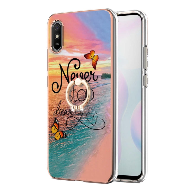 For Xiaomi Redmi 9A Electroplating Pattern IMD TPU Shockproof Case with Rhinestone Ring Holder