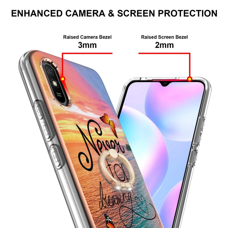 For Xiaomi Redmi 9A Electroplating Pattern IMD TPU Shockproof Case with Rhinestone Ring Holder