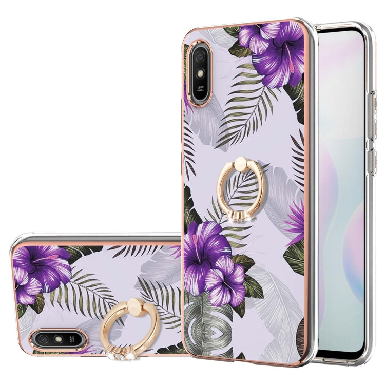 For Xiaomi Redmi 9A Electroplating Pattern IMD TPU Shockproof Case with Rhinestone Ring Holder
