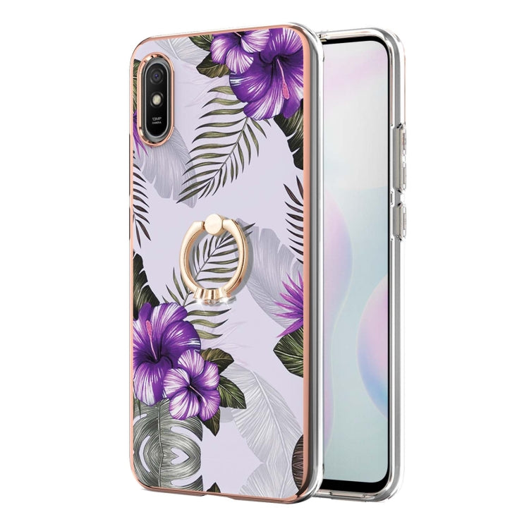 For Xiaomi Redmi 9A Electroplating Pattern IMD TPU Shockproof Case with Rhinestone Ring Holder