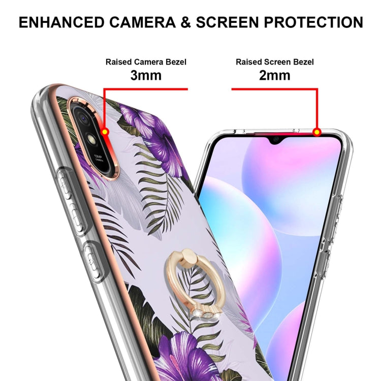 For Xiaomi Redmi 9A Electroplating Pattern IMD TPU Shockproof Case with Rhinestone Ring Holder