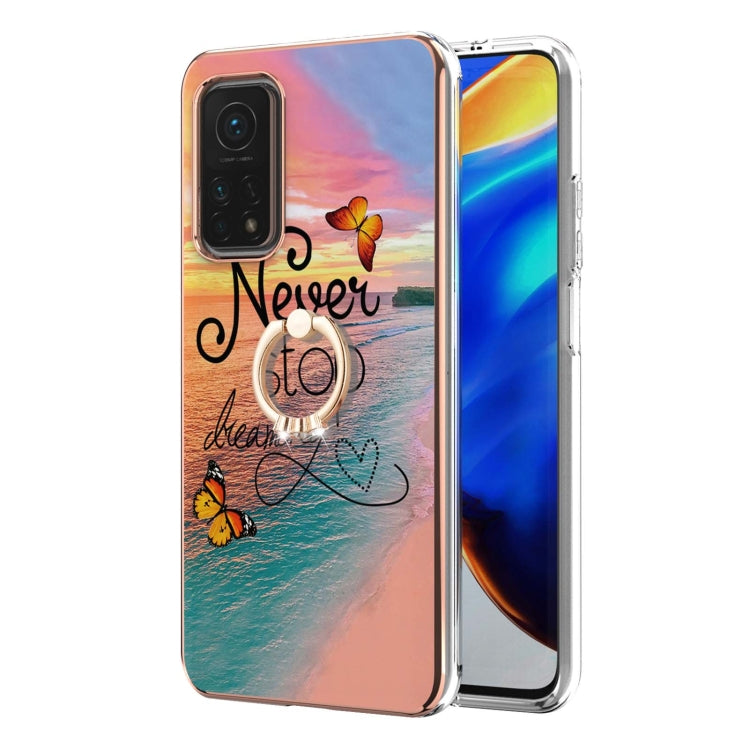 For Xiaomi Mi 10T 5G/10T Pro 5G Electroplating Pattern IMD TPU Shockproof Case with Rhinestone Ring Holder