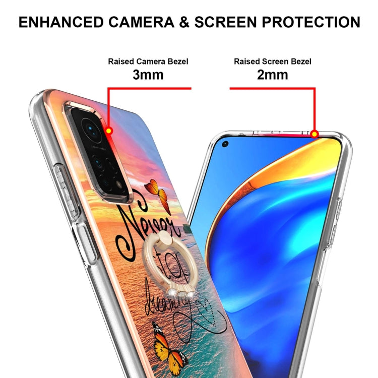 For Xiaomi Mi 10T 5G/10T Pro 5G Electroplating Pattern IMD TPU Shockproof Case with Rhinestone Ring Holder