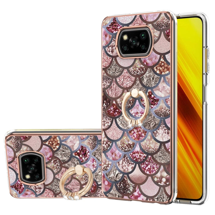 For Xiaomi Poco X3 NFC Electroplating Pattern IMD TPU Shockproof Case with Rhinestone Ring Holder