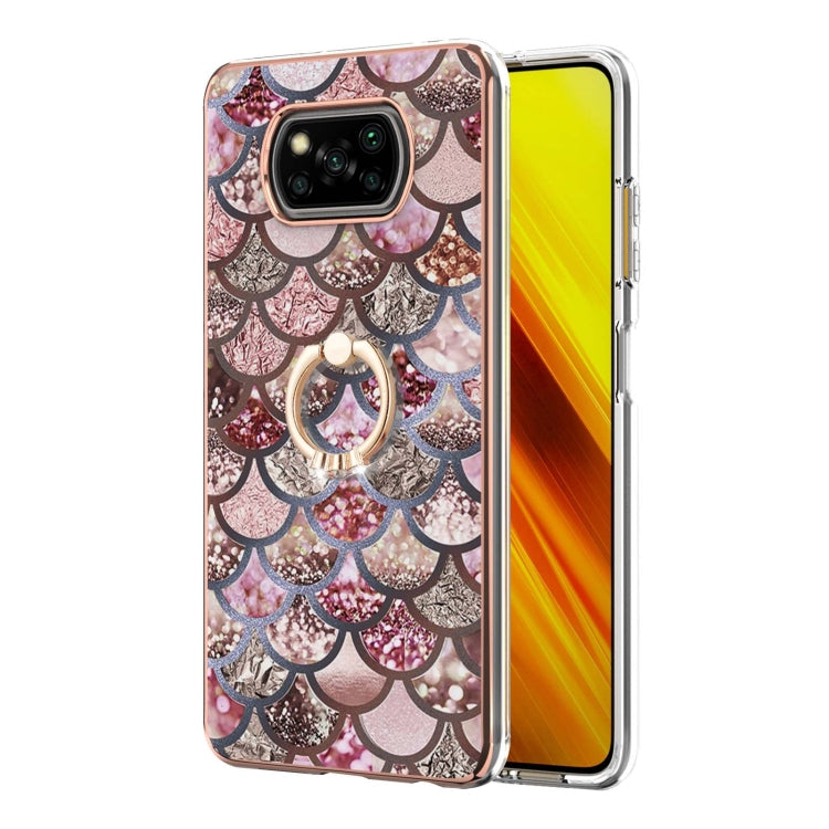 For Xiaomi Poco X3 NFC Electroplating Pattern IMD TPU Shockproof Case with Rhinestone Ring Holder