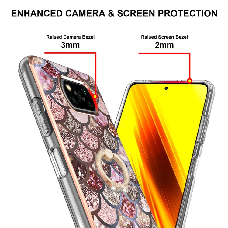 For Xiaomi Poco X3 NFC Electroplating Pattern IMD TPU Shockproof Case with Rhinestone Ring Holder