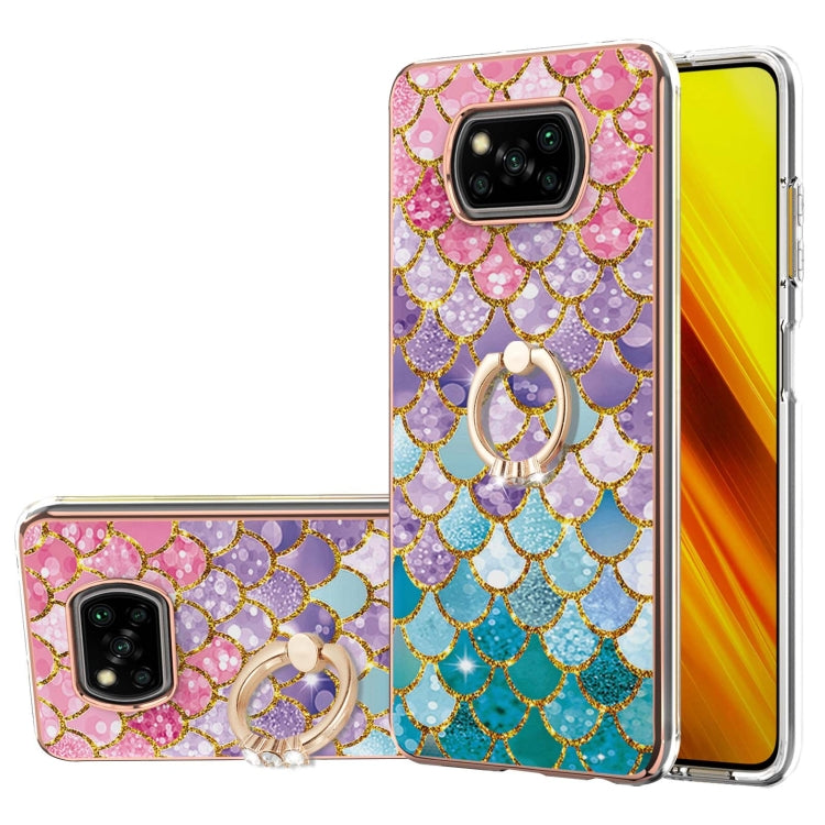For Xiaomi Poco X3 NFC Electroplating Pattern IMD TPU Shockproof Case with Rhinestone Ring Holder