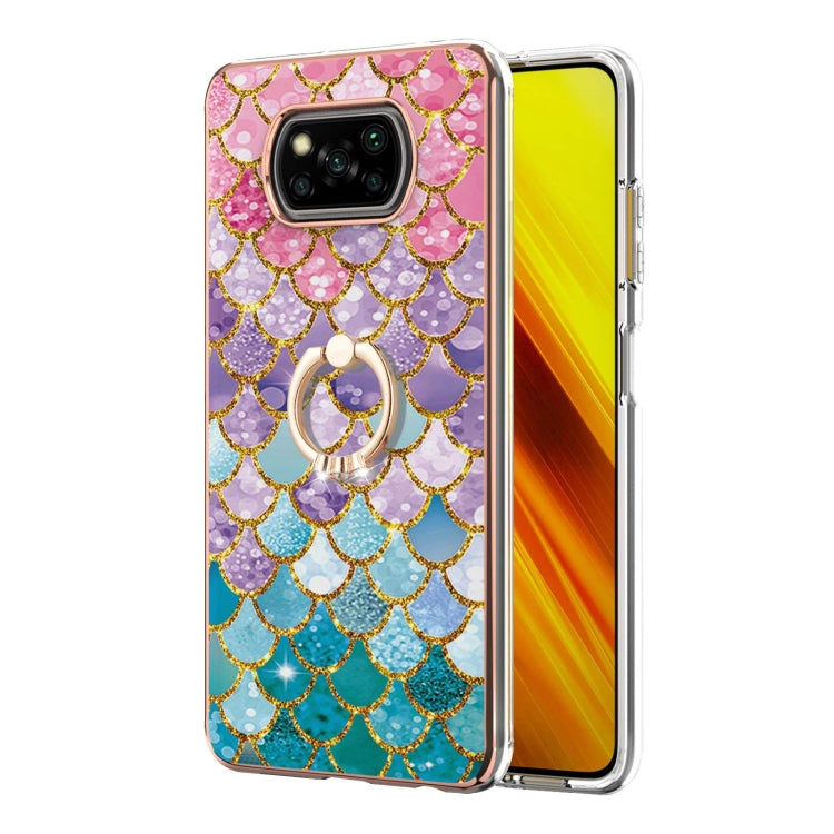 For Xiaomi Poco X3 NFC Electroplating Pattern IMD TPU Shockproof Case with Rhinestone Ring Holder