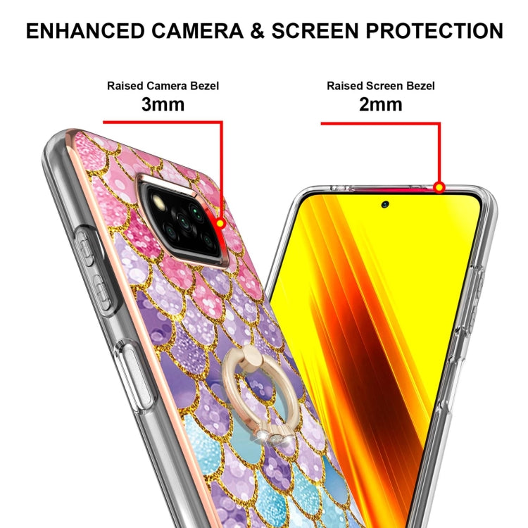 For Xiaomi Poco X3 NFC Electroplating Pattern IMD TPU Shockproof Case with Rhinestone Ring Holder