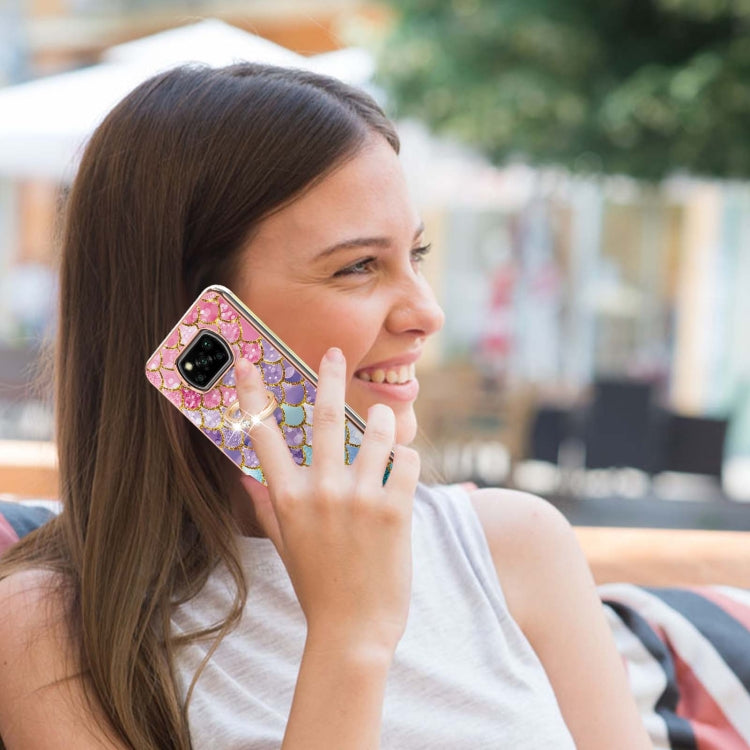 For Xiaomi Poco X3 NFC Electroplating Pattern IMD TPU Shockproof Case with Rhinestone Ring Holder