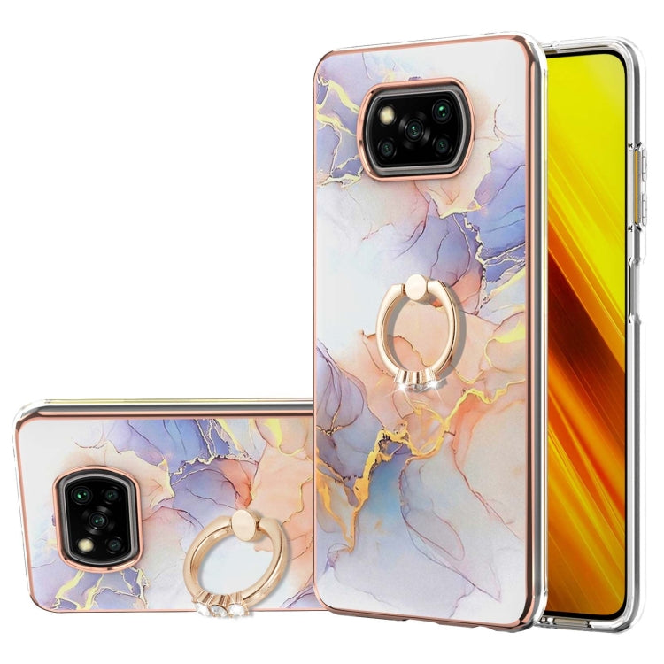 For Xiaomi Poco X3 NFC Electroplating Pattern IMD TPU Shockproof Case with Rhinestone Ring Holder
