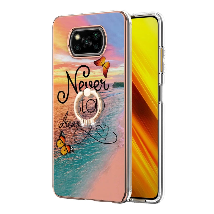 For Xiaomi Poco X3 NFC Electroplating Pattern IMD TPU Shockproof Case with Rhinestone Ring Holder