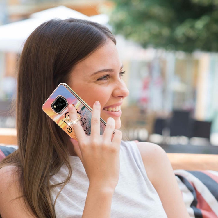 For Xiaomi Poco X3 NFC Electroplating Pattern IMD TPU Shockproof Case with Rhinestone Ring Holder