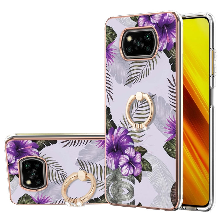 For Xiaomi Poco X3 NFC Electroplating Pattern IMD TPU Shockproof Case with Rhinestone Ring Holder