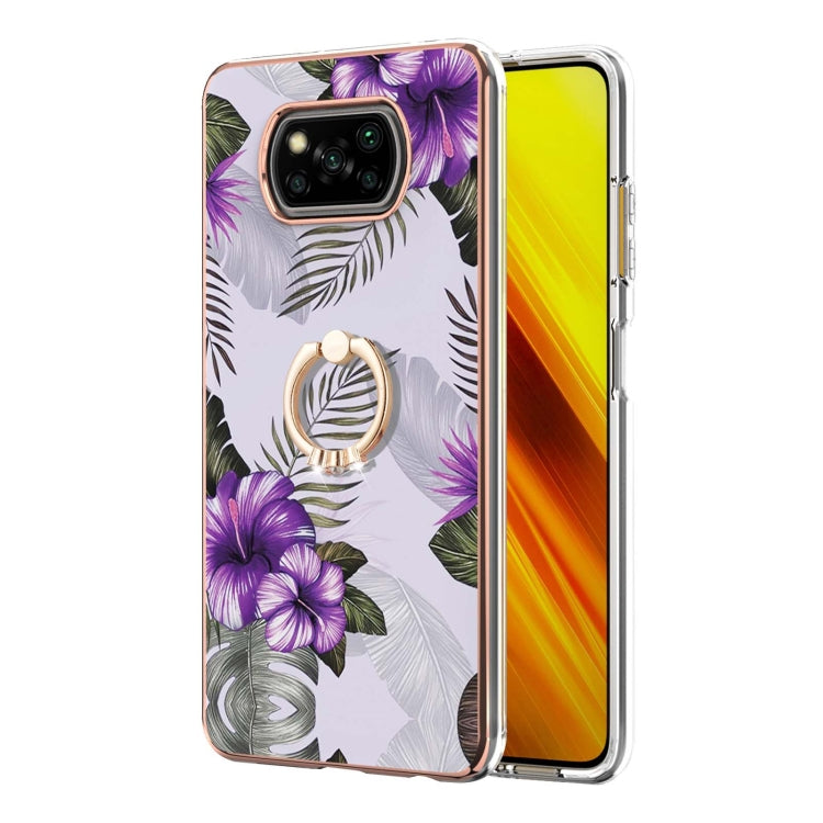 For Xiaomi Poco X3 NFC Electroplating Pattern IMD TPU Shockproof Case with Rhinestone Ring Holder