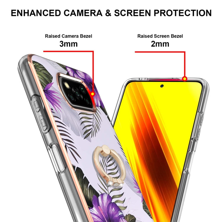 For Xiaomi Poco X3 NFC Electroplating Pattern IMD TPU Shockproof Case with Rhinestone Ring Holder