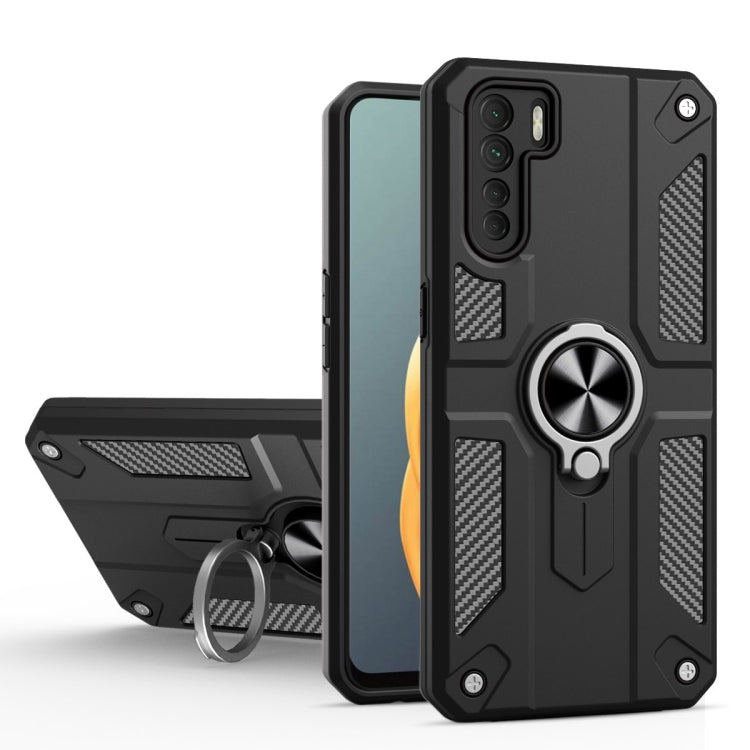 Carbon Fiber Pattern PC + TPU Protective Case with Ring Holder For OPPO A91