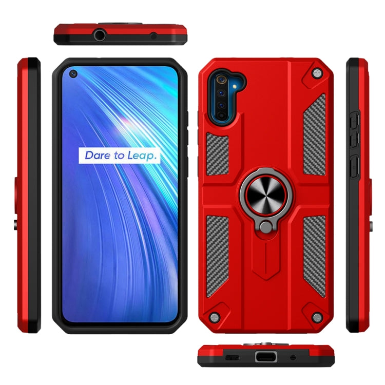 Carbon Fiber Pattern PC + TPU Protective Case with Ring Holder For OPPO Realme 6
