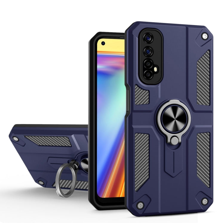 Carbon Fiber Pattern PC + TPU Protective Case with Ring Holder For OPPO Realme 7