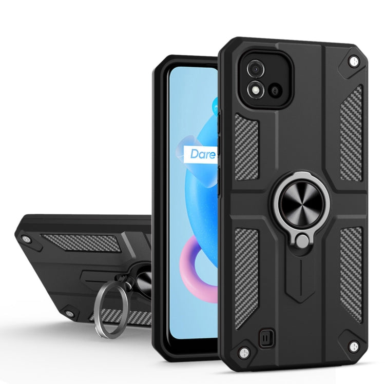 Carbon Fiber Pattern PC + TPU Protective Case with Ring Holder For OPPO Realme C20