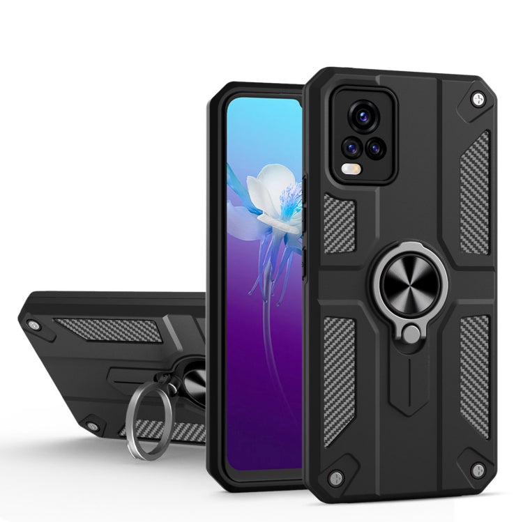 Carbon Fiber Pattern PC + TPU Protective Case with Ring Holder For vivo V20