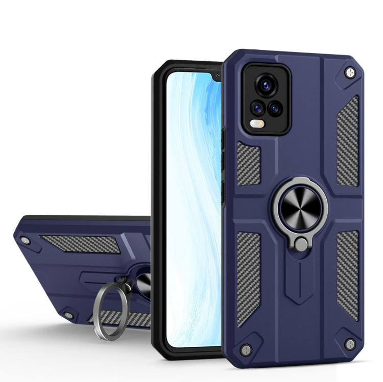 Carbon Fiber Pattern PC + TPU Protective Case with Ring Holder For vivo V20 Pro