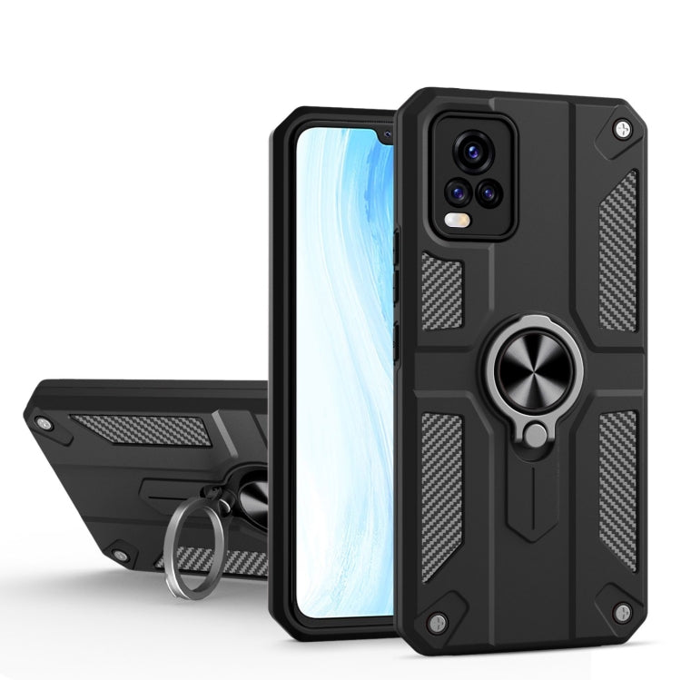 Carbon Fiber Pattern PC + TPU Protective Case with Ring Holder For vivo V20 Pro
