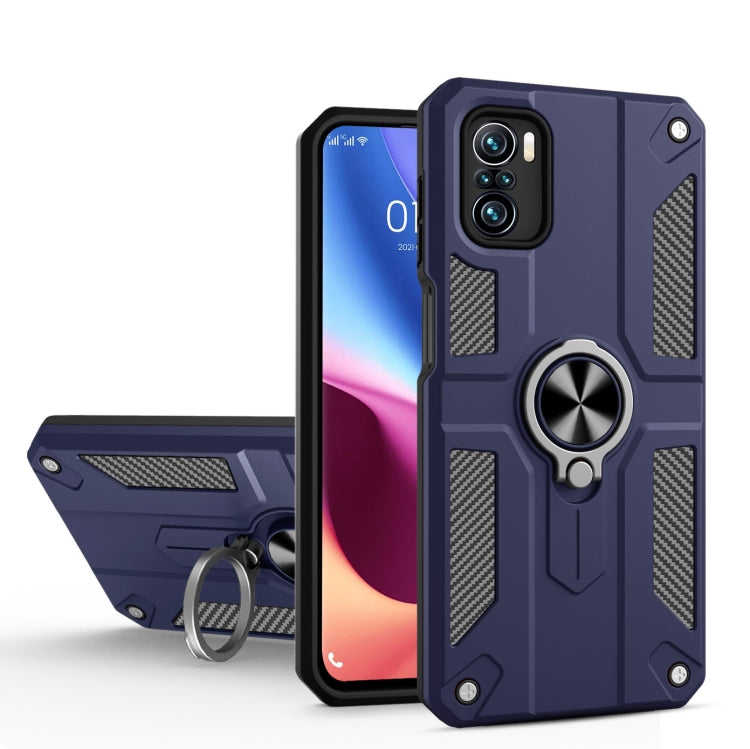 For Xiaomi Poco F3 Carbon Fiber Pattern PC + TPU Protective Case with Ring Holder