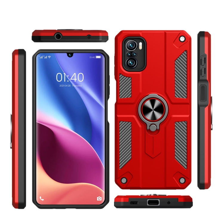 For Xiaomi Poco F3 Carbon Fiber Pattern PC + TPU Protective Case with Ring Holder