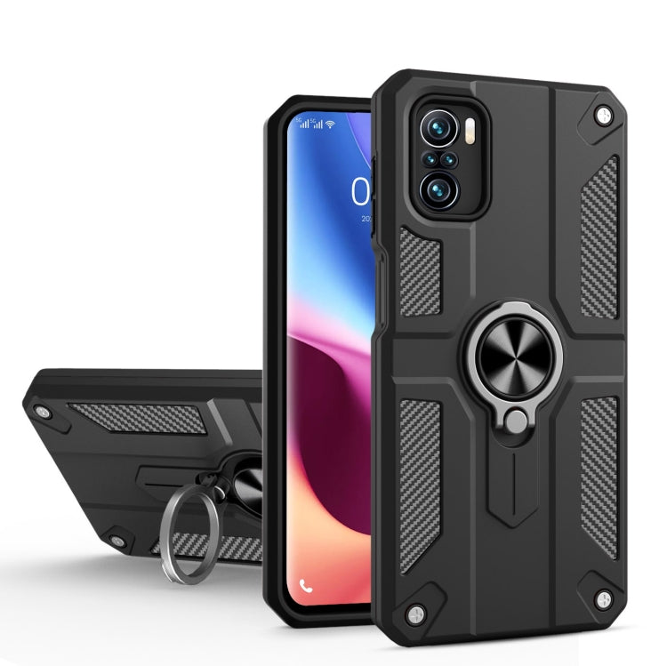 For Xiaomi Poco F3 Carbon Fiber Pattern PC + TPU Protective Case with Ring Holder